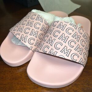 MCM Women Soft Pink Diagonal Script Slides Size 37